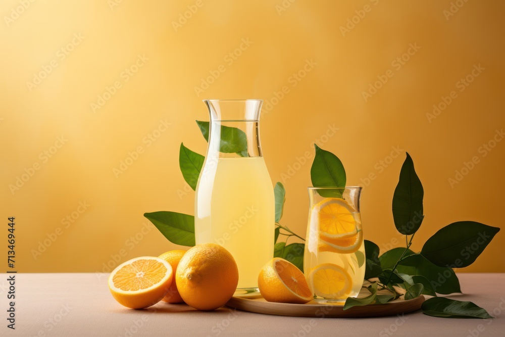a plate of oranges, a pitcher of lemonade and a glass of lemonade are on a table. a plate of oranges, a pitcher of lemonade and a glass of lemonade are on a table.