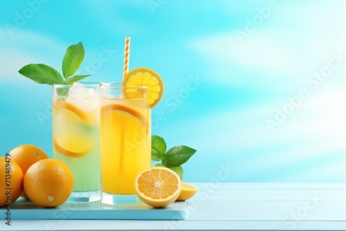  a glass of orange juice next to a glass of orange juice with a straw and some oranges on a table.