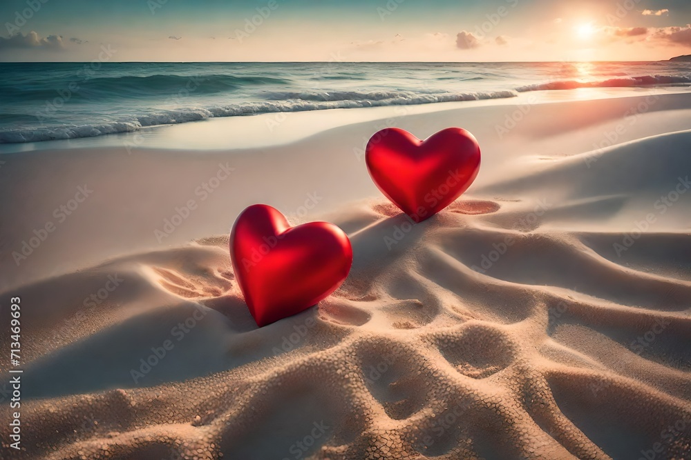 Two red hearts, sandy beach with calm surreal ocean Two red hearts, sandy beach with calm surreal ocean