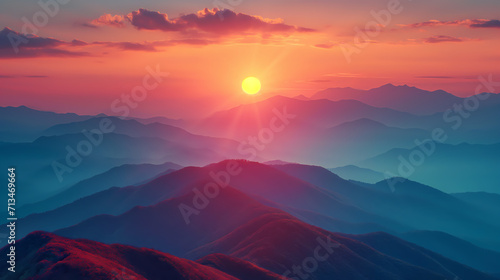 Sonnenuntergang über den Bergen im Nebel - Natur- Urlaub - Reisen - Fliegen - Sonnenstrahlen - Sonnenschein photo