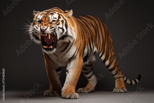 A tiger on a white background growls