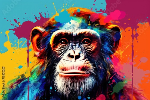  a painting of a monkey with colorful paint splatters on it's face and a blue, red, yellow, pink, green, and orange background.