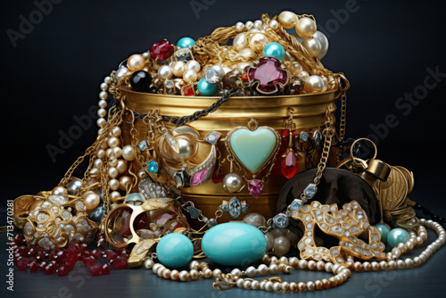 Pile of different gold jewelry on dark background. Expensive accessories in woman's wardrobe