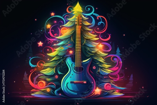  a christmas tree with a guitar in the middle of it and a star on top of the guitar in the middle of the picture.