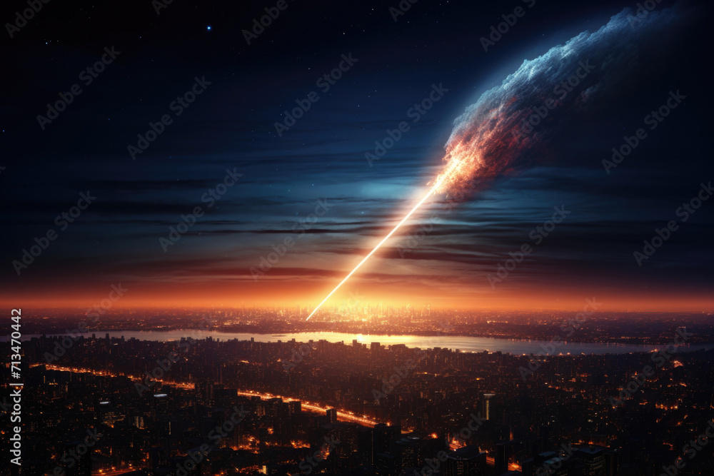 Falling meteorite over night city. Silhouette of cityscape with large glowing stone falling in sky. Threat from outer space