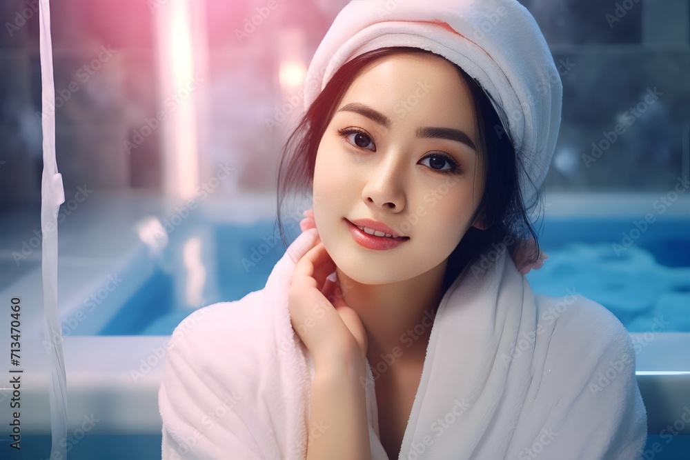 smiling asian woman sitting on the bathtub is relaxing in hot spring smiling asian woman sitting on the bathtub is relaxing in hot spring