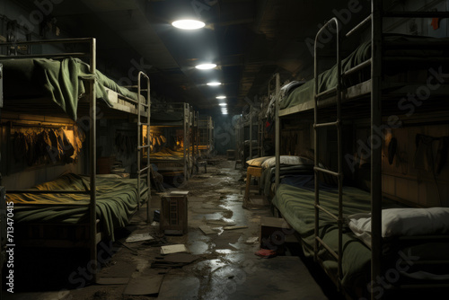 Bunk beds in a military army barracks photo