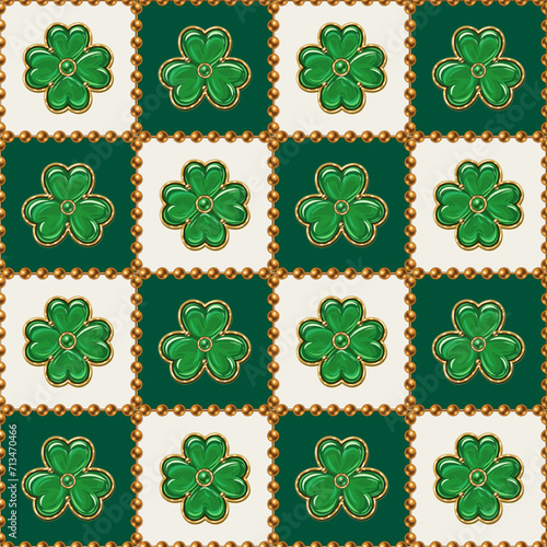 Geometric checkered plaid St Patricks day pattern with clover, shamrock like jewelry pendants made of green enamel in golden frame. Classic square grid.