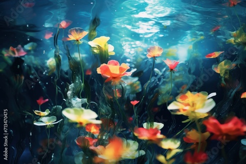  a bunch of flowers floating in a body of water with sunlight coming through the top of the flowers and the bottom of the water in the bottom of the picture.