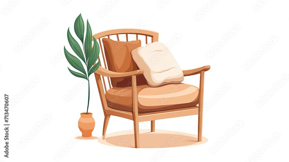 A stylish wooden chair with soft pillows, isolated on a white background, presenting a perfect blend of comfort and modern interior aesthetics. A stylish wooden chair with soft pillows, isolated on a white background, presenting a perfect blend of comfort and modern interior aesthetics.