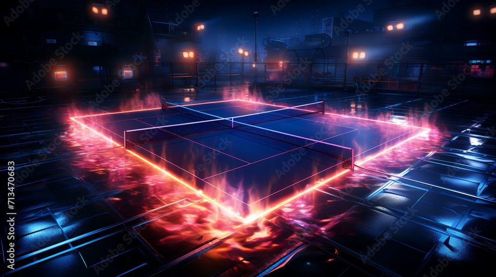 3D Render Neon Tennis Court Scheme with Net

