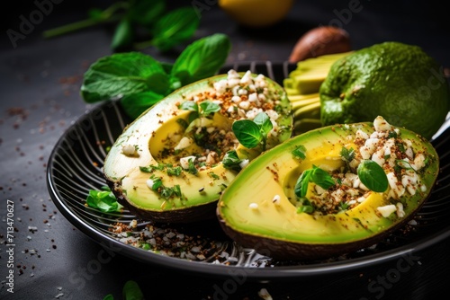  an avocado cut in half on a plate with other fruits and vegetables around it on a black surface.