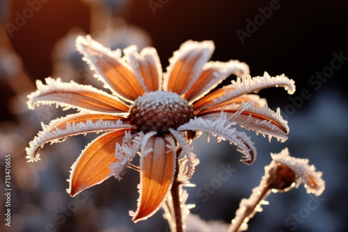  a close - up of a flower with frost on it s petals and the sun shining through the leaves.