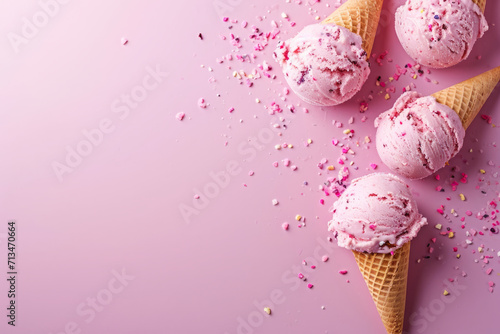 Vegan ice cream on pastel colored background. Ice cream cones in various flavors, close up