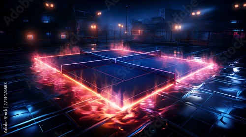 3D Render Neon Tennis Court Scheme with Net