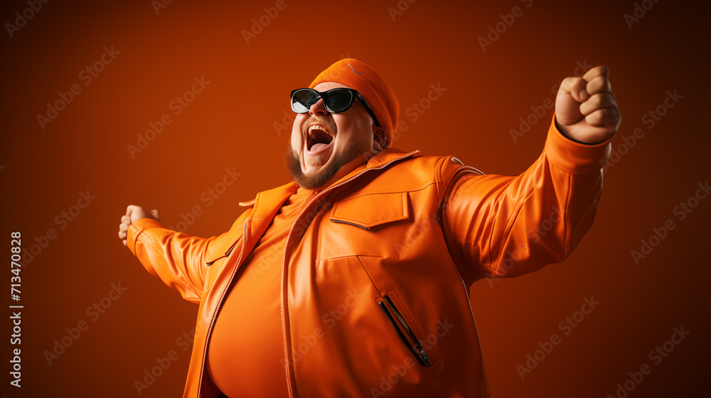 A plump, bearded man in an orange jacket and hat, wearing sunglasses, on an orange background.
