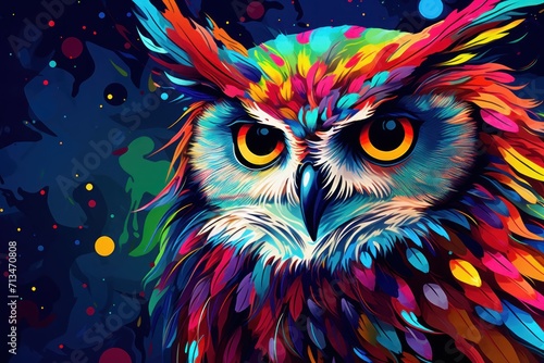  a painting of an owl with multicolored feathers on it's head, with a blue background and multi - colored spots on its wings. photo
