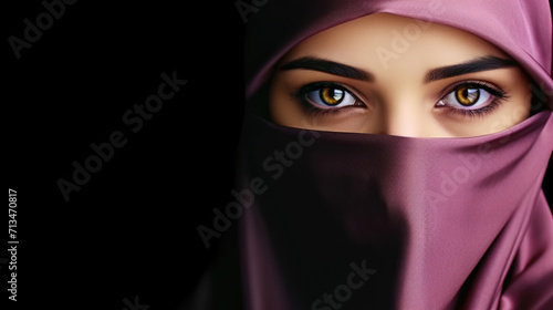 Portrait of a beautiful arabin woman in pink hijab on the black background