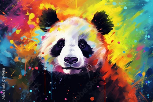  a painting of a panda bear with multicolored paint splatters on it's face and chest. photo