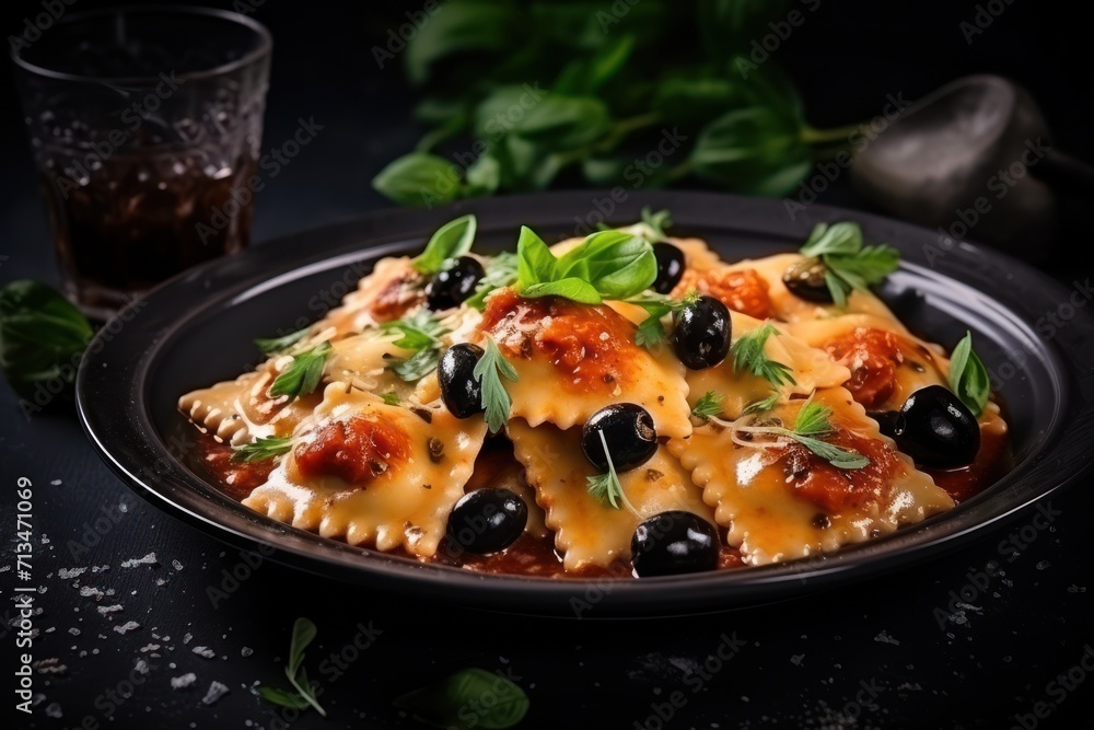 a close up of a plate of food with pasta and olives on a table next to a glass of water. a close up of a plate of food with pasta and olives on a table next to a glass of water.