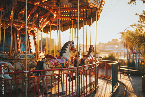 Merry go round carousel in amusement park. Glowing attraction in city park. Childhood entertainment photo