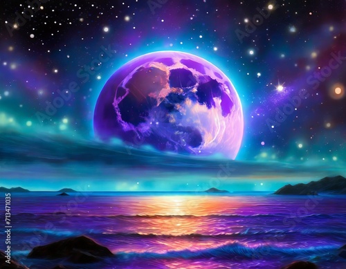 Colorful Full Moon Over Ocean. Stars Space Galaxy