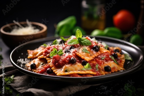  a plate of pasta with black olives and parmesan cheese on a black plate next to a bowl of tomatoes and basil.