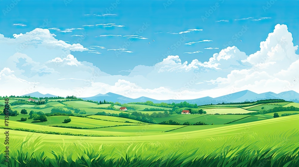 Expansive rural landscape featuring golden wheat fields and lush green hills under a clear blue sky, capturing the essence of serene countryside living