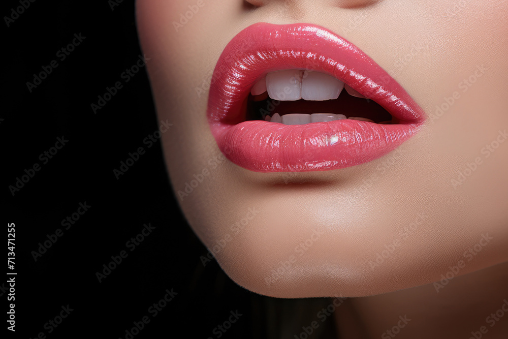 Beautiful lips with pink lipstick makeup closeup Beautiful lips with pink lipstick makeup closeup