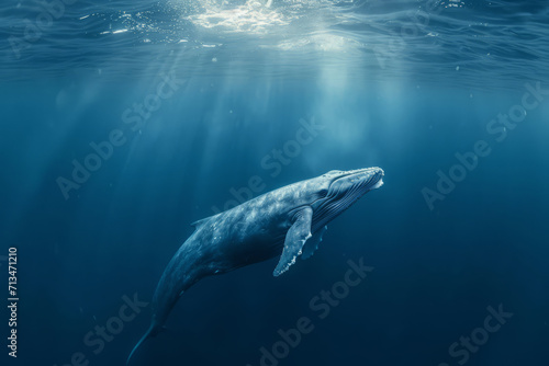 Blue Whale swimming in ocean. Humpback Whale underwater