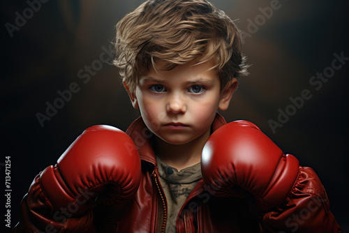 young boy boxer in red boxing gloves