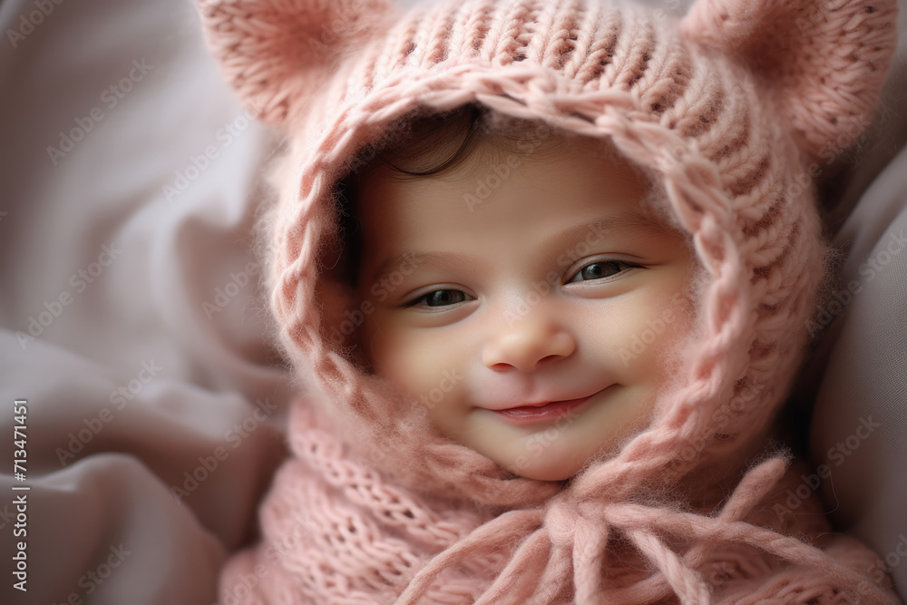 Cute newborn baby in a funny hat with ears Cute newborn baby in a funny hat with ears