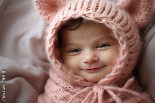 Cute newborn baby in a funny hat with ears