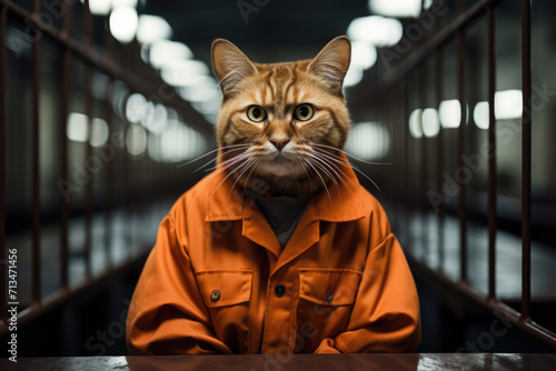Stampa su tela Bad cat crime wearing orange jumpsuit in a prison cell prisoner