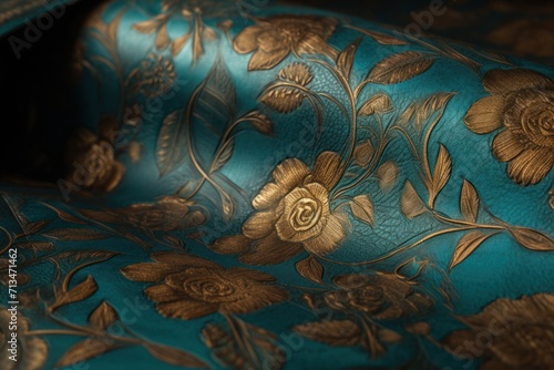  a close up of a blue and gold fabric with a flower design on the bottom of the fabric and a flower design on the bottom of the fabric.