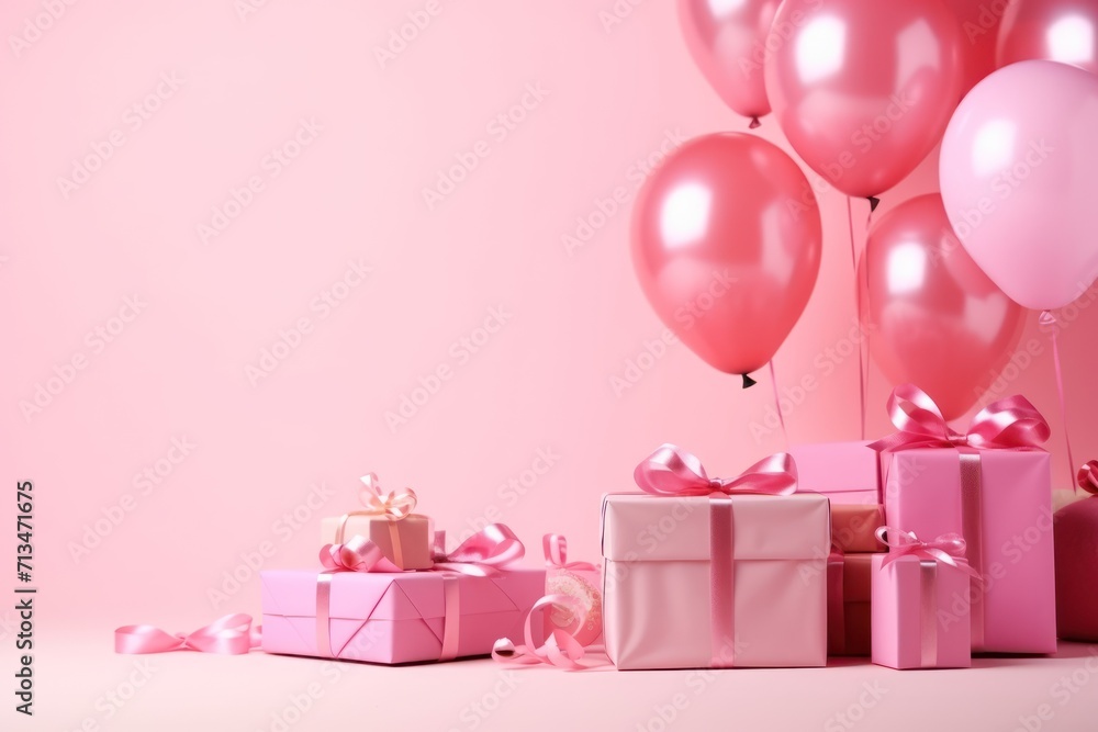 a bunch of pink presents and balloons on a pink background with a pink wall and a pink background with a pink wall and a pink wall with a bunch of pink balloons. a bunch of pink presents and balloons on a pink background with a pink wall and a pink background with a pink wall and a pink wall with a bunch of pink balloons.