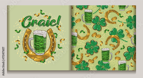 St Patricks day seamless pattern, label with clover, lucky 4 shamrock leaves, golden horseshoe amulet, scattered coins, confetti, glasses of green beer Vintage illustration on light green background