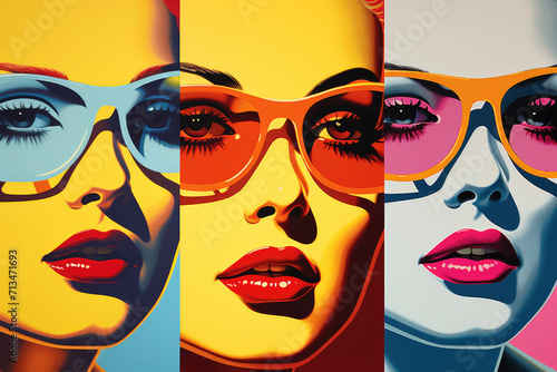 Beauty portrait collage of a woman in different colors in pop art style