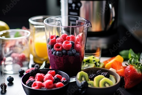  a blender filled with berries, kiwis, kiwis, bananas, strawberries, and oranges.