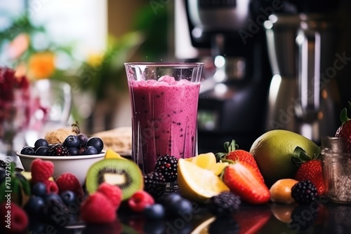  a smoothie in a glass next to a bowl of fruit and a bowl of berries and kiwis.