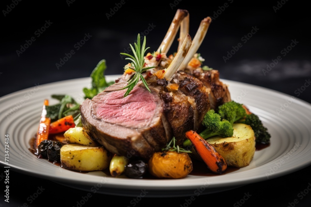  a close up of a plate of food with meat and veggies on a black table with a black background.