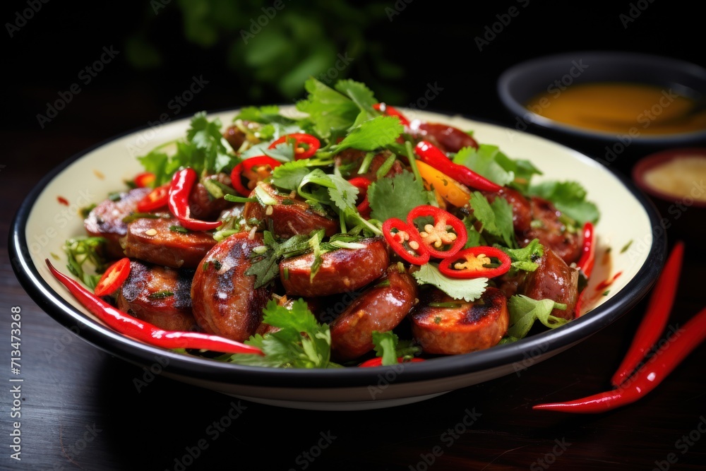 a close up of a bowl of food on a table with a bowl of sauce and a plate of food in the background. a close up of a bowl of food on a table with a bowl of sauce and a plate of food in the background.