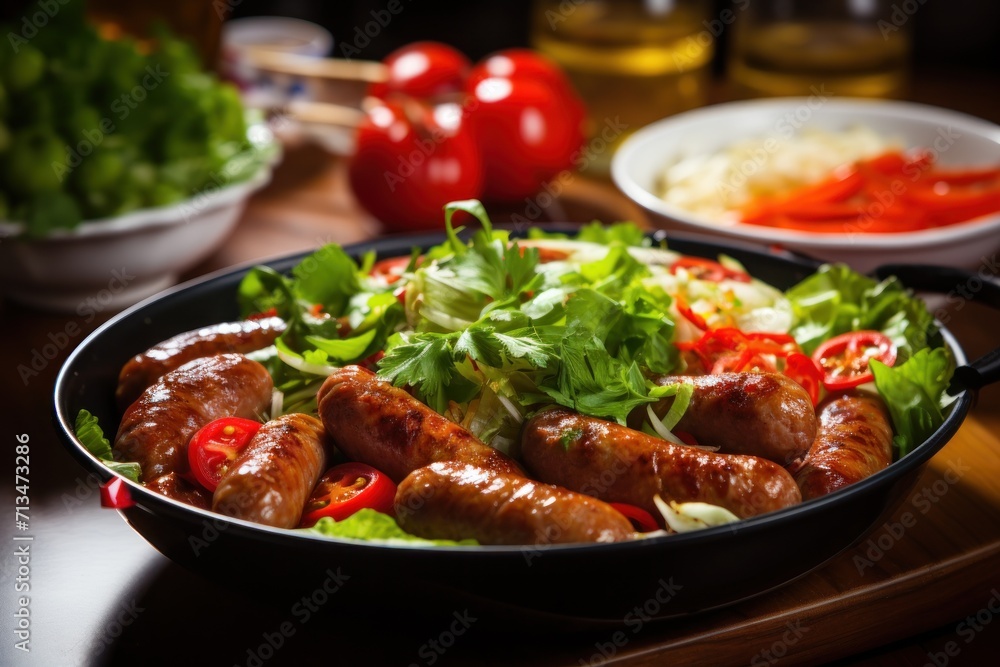 a close up of a plate of food with sausages and lettuce on a table next to a salad. a close up of a plate of food with sausages and lettuce on a table next to a salad.