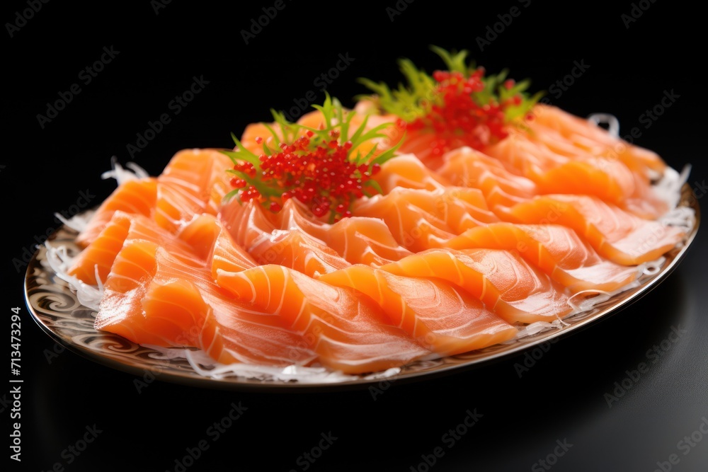 a close up of a plate of food with sushi on a black table with a red berry on top of it. a close up of a plate of food with sushi on a black table with a red berry on top of it.