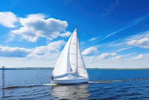  a sailboat in the middle of a body of water under a blue sky with wispy white clouds. © Nadia