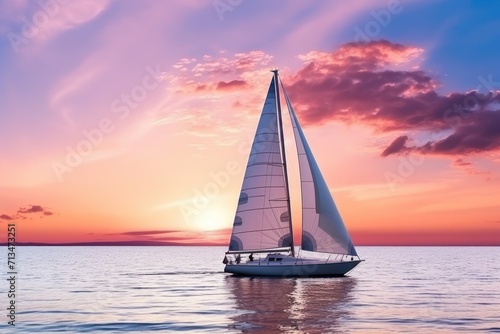  a sailboat on the water with a beautiful sunset in the backgrounnd of the ocean in the background.