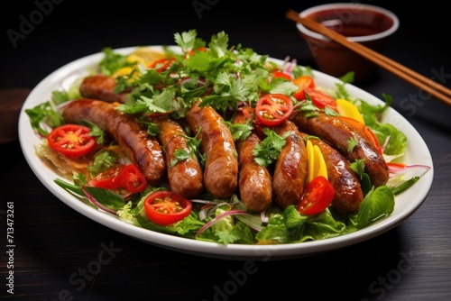  a close up of a plate of food with hot dogs on a bed of lettuce and tomatoes with chopsticks.