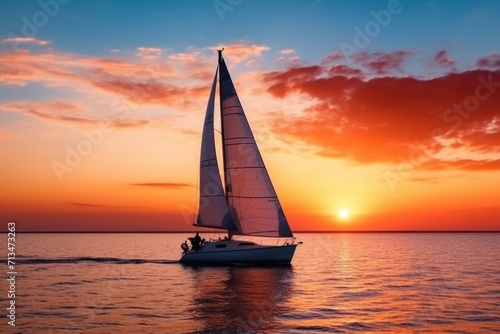  a sailboat in the ocean at sunset with the sun setting in the background and clouds in the sky over the water.