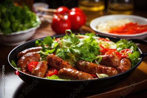  a close up of a plate of food with sausages and lettuce on a table next to a salad.