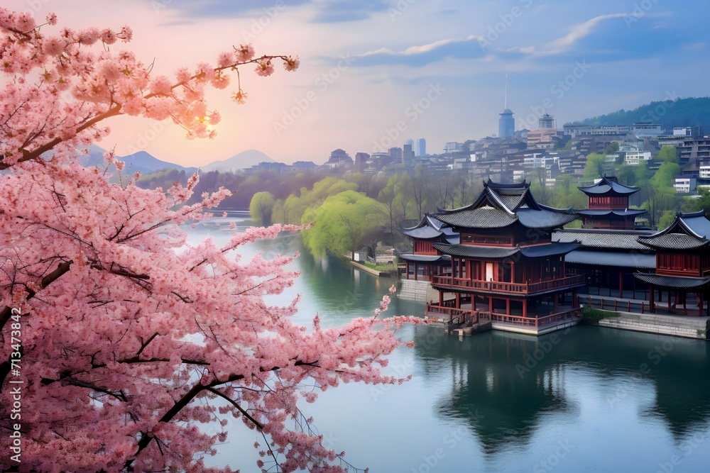 Obraz premium Aerial view of the river and traditional Japanese town